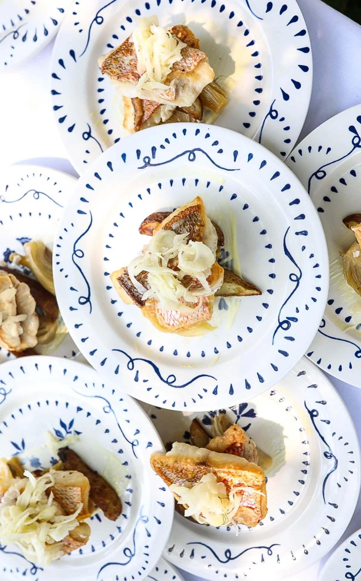 Overhead plated seafood on patterned ceramic plates